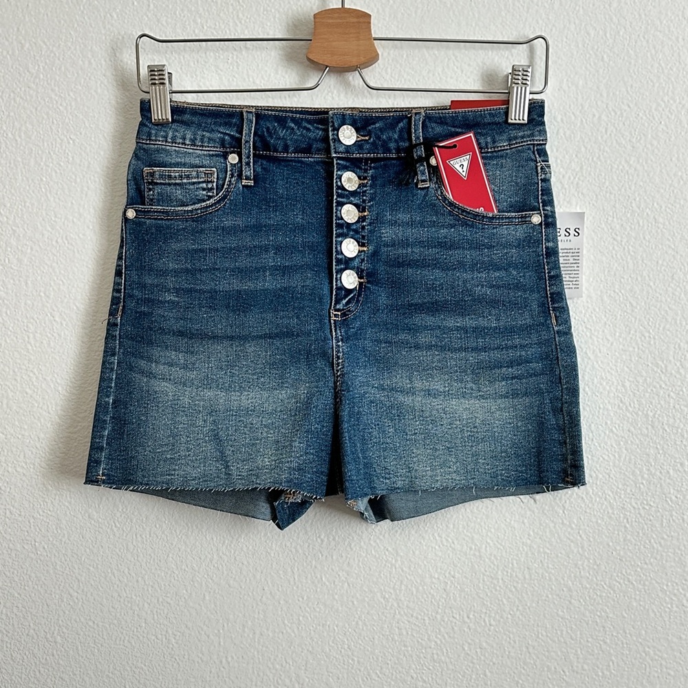 Guess Blue High Rise Button-Fly Raw Hem Bling Pocket Jean Shorts Size 29